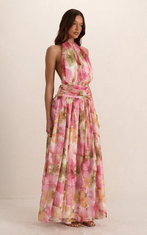 Cross Strap Cut Out Split Front Detail Maxi Dress In Orange