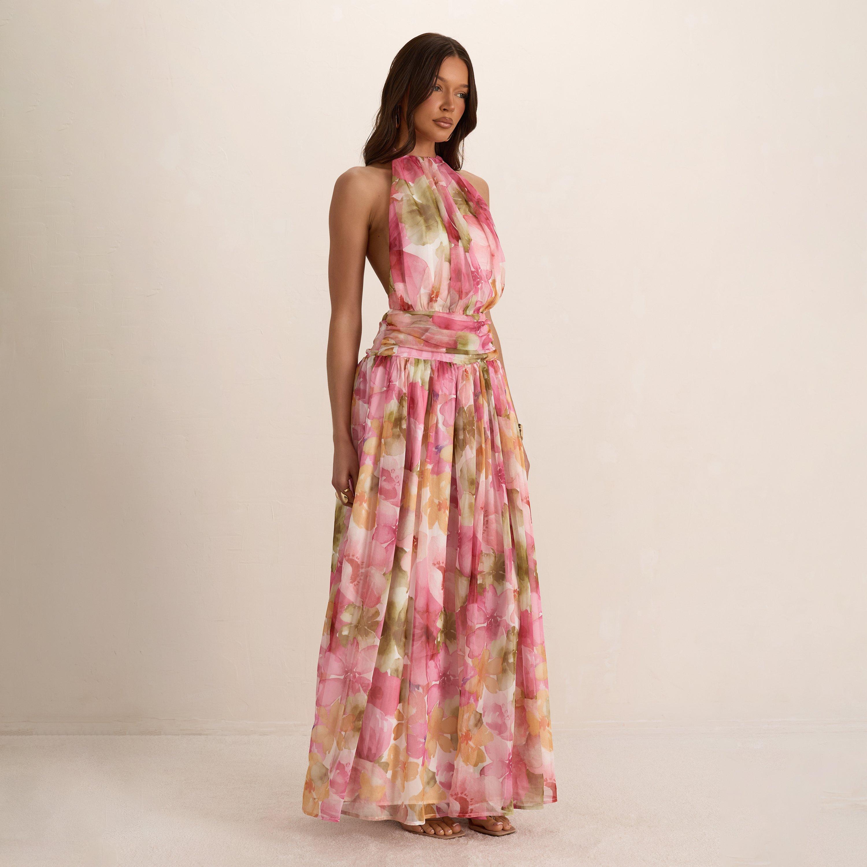 High Neck Ruched Detail Backless Maxi Dress In Pink Floral Print, Women’s