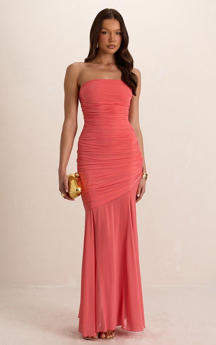 Bandeau Ruched Detail Layered Maxi Dress In Coral | EGO UK | EGO