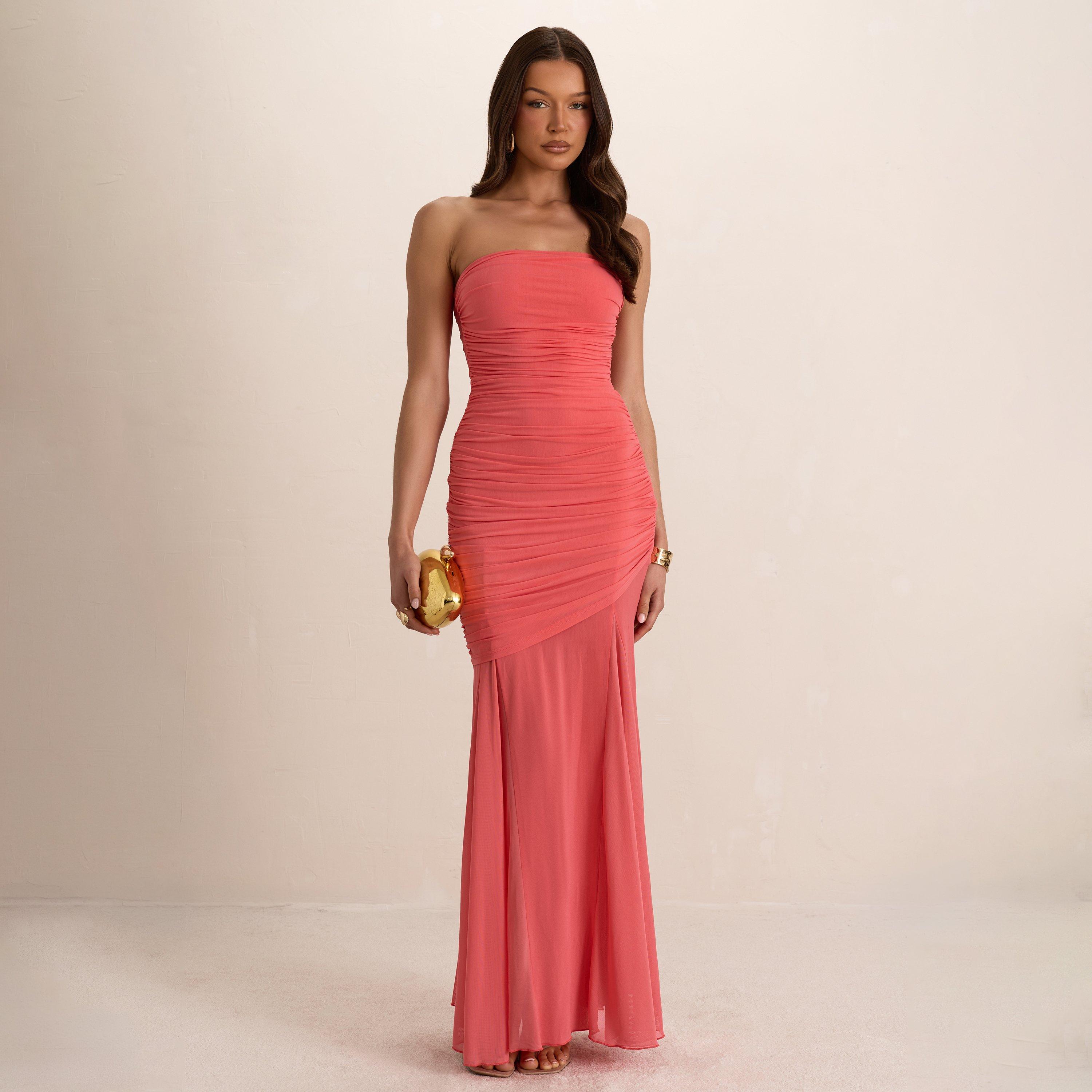 Bandeau Ruched Detail Layered Maxi Dress In Coral, Women’s