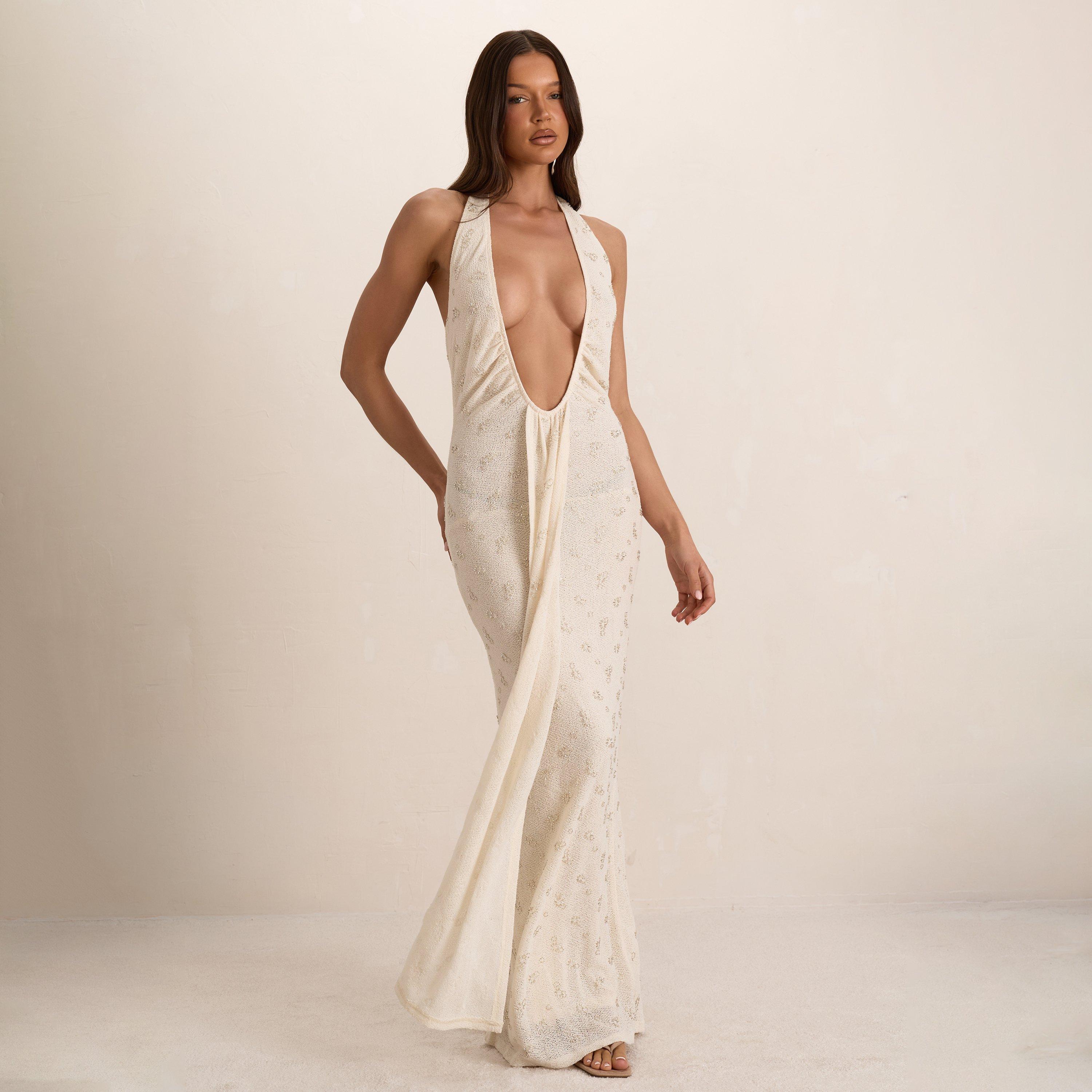 Plunge Neck Draped Front Embellished Detail Maxi Dress In White, Women’s