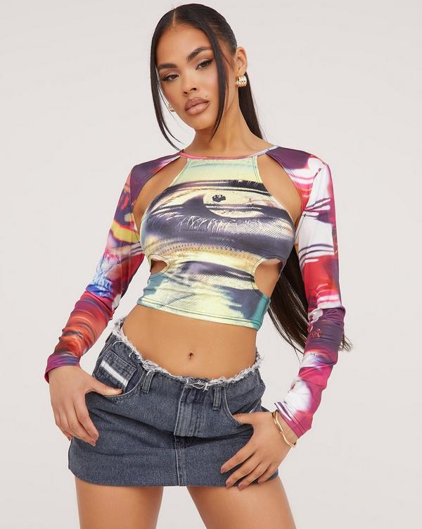 Long sleeve cut out crop outlet top