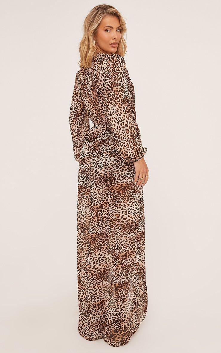 Long Sleeve Wrap Over Maxi Dress In Brown Leopard Print Woven | EGO US | EGO