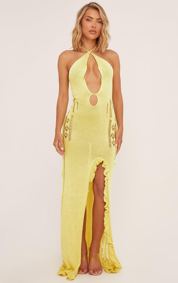 Cross Front Keyhole Cut Out Frill Detail Split Leg Maxi Dress In