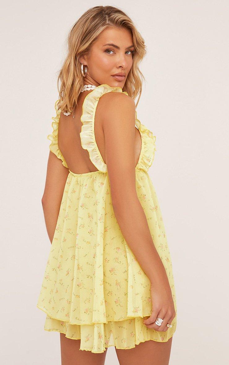 V Neck Tiered Mini Shift Dress In Yellow Ditsy Print Mesh | EGO EU | EGO