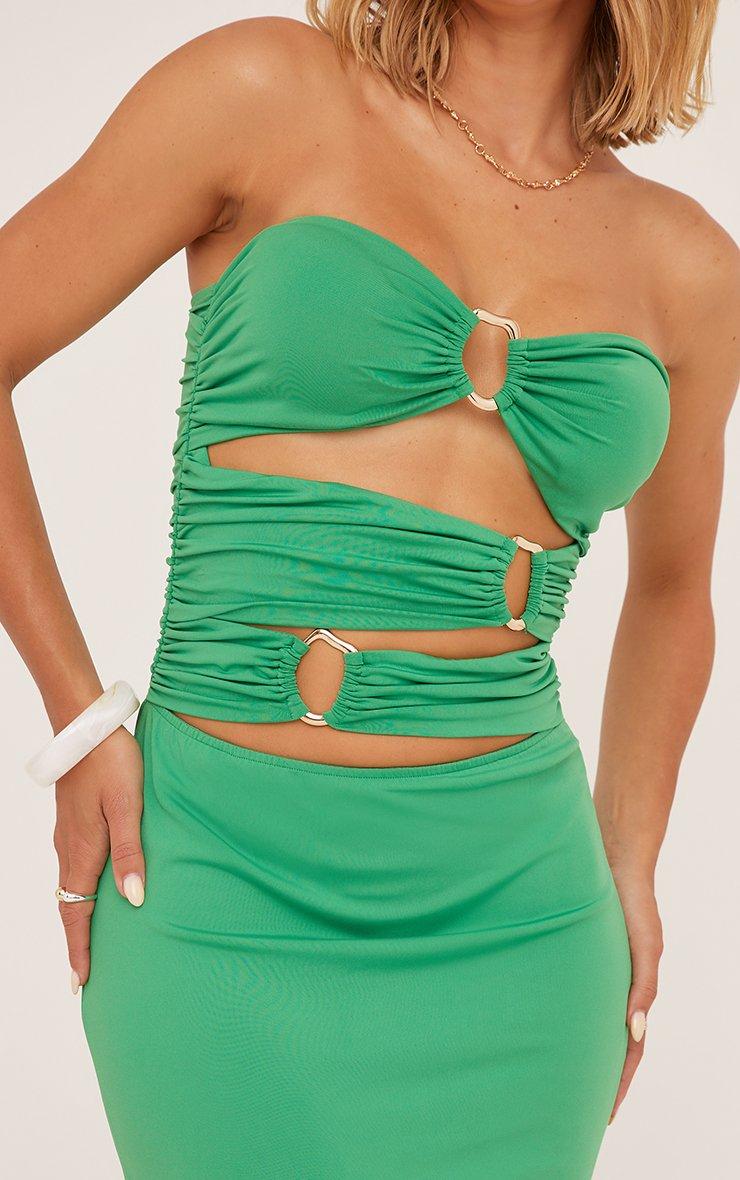 slim fit dress slacks Green Plisse Dress Plunging Ring Detail Balloon Sleeve main image 0