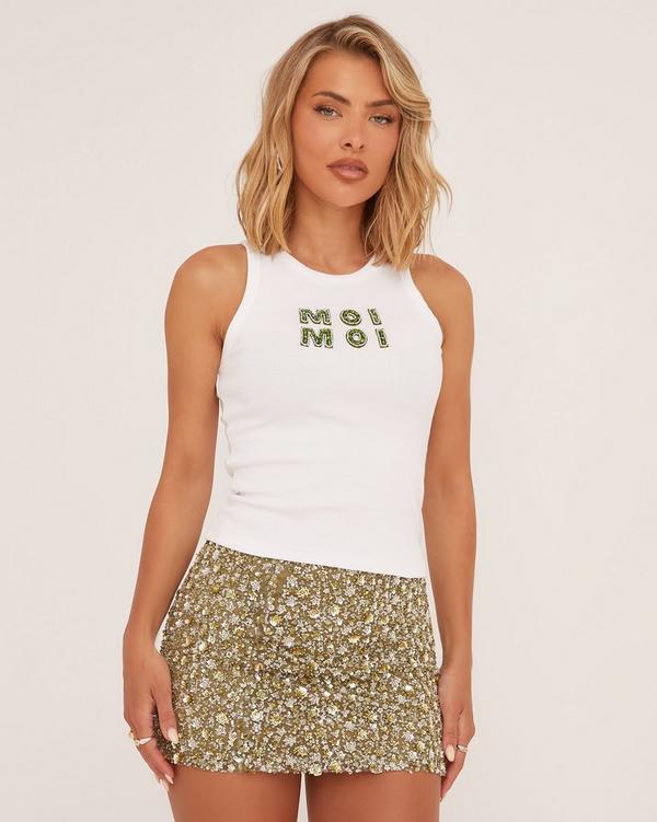 Diamante Moi Moi Slogan Sleeveless Top In Cream Rib