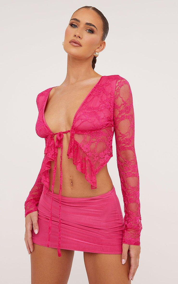 Long Sleeve Tie Front Frill Detail Crop Top In Hot Pink Lace Long Sleeve Tie Front Frill Detail Crop Top In Hot Pink Lace