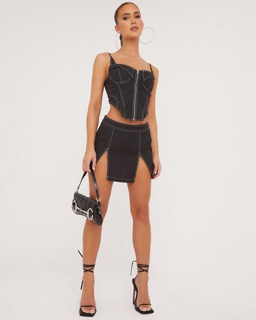 Cross Front Strappy Detail Corset Top In Black Faux Leather