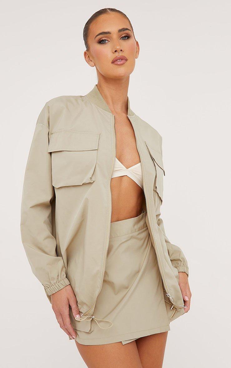 High Neck Pocket Detail Oversized Bomber Jacket In Khaki High Neck Pocket Detail Oversized Bomber Jacket In Khaki