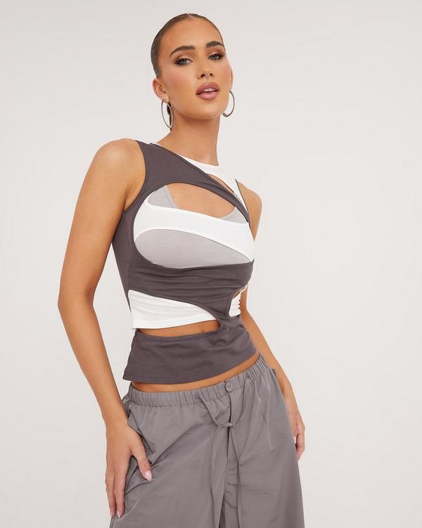 Plunge Halterneck Lace Up Detail Structured Corset Top In Grey