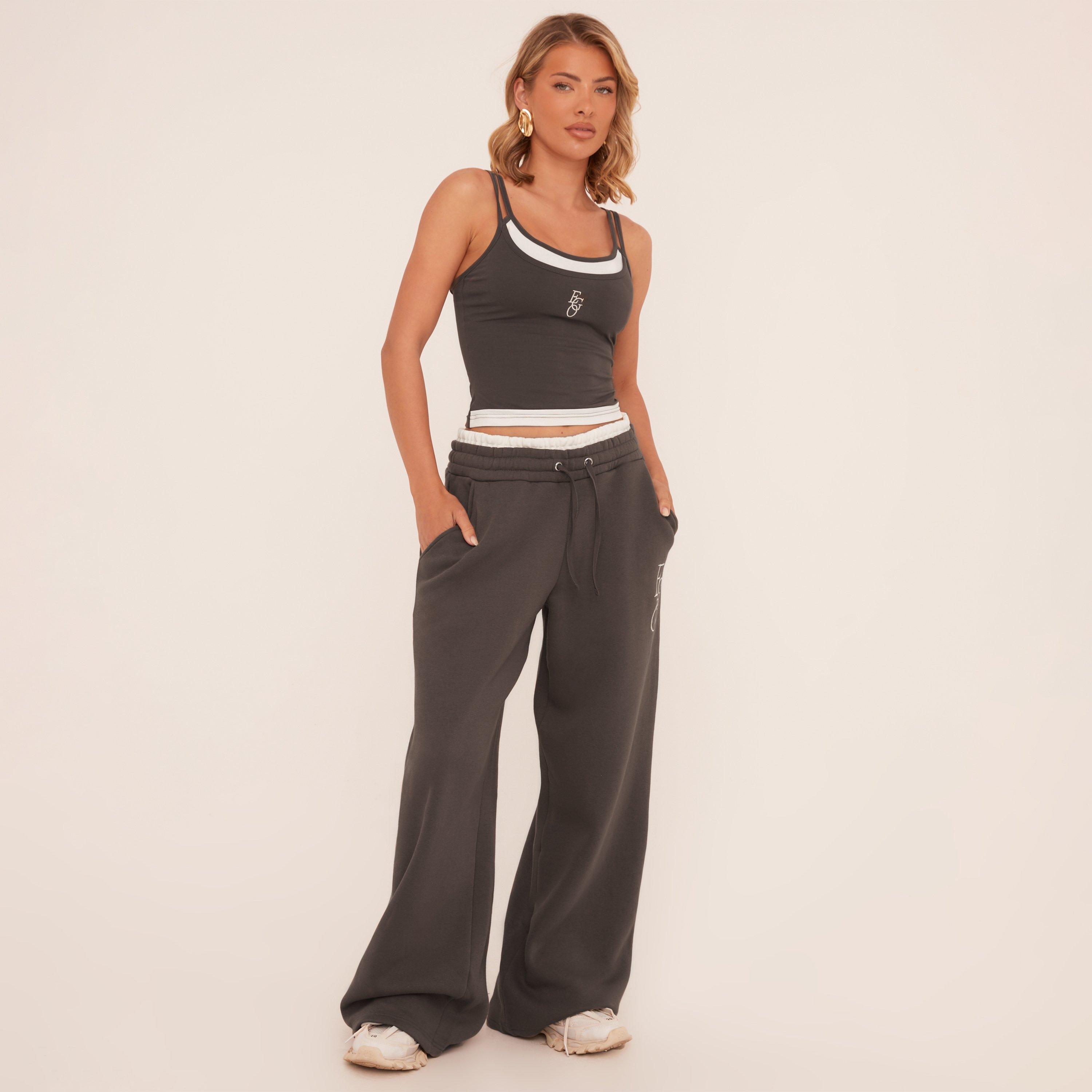 Tie Contrast Waistband Wide Leg Joggers In Grey, Women’s