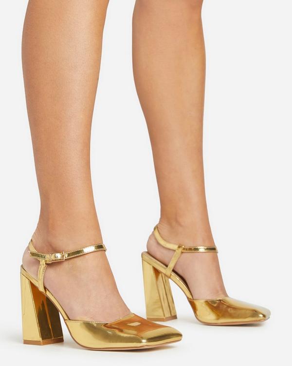 Liza Ankle Strap Closed Square Toe Flared Block Heel In Gold Patent EGO