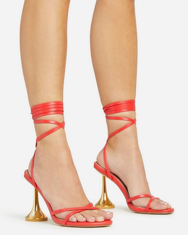 Sylvie Lace Up Cross Strap Detail Gold Statement Heel In Red Faux Leather EGO