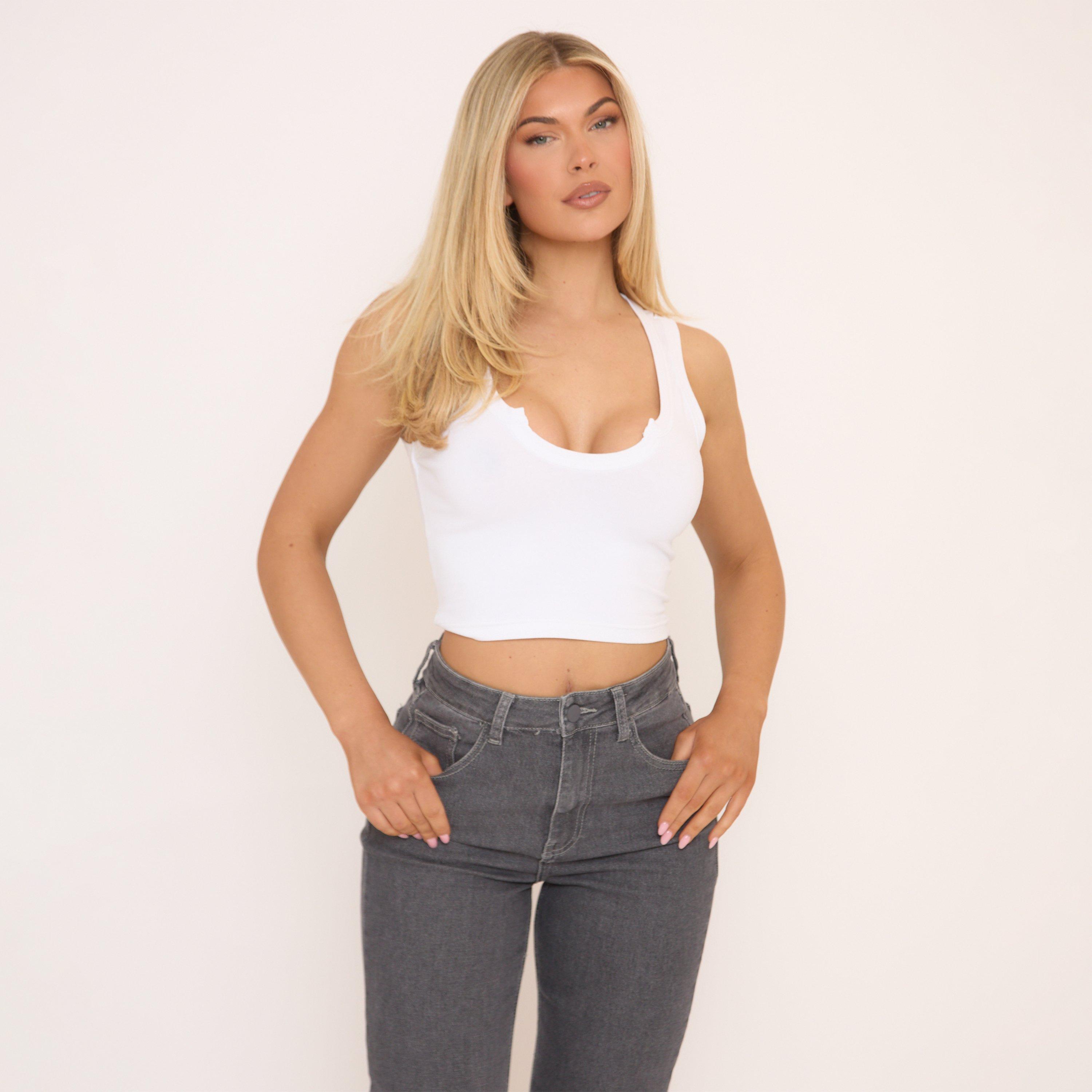 Sleeveless Notch Front Vest Top In White, Women's Size UK 16