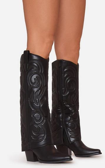 Xoe Square Toe Thin Block Heel Knee High Long Boot In Black Xoe Square Toe Thin Block Heel Knee High Long Boot In Black