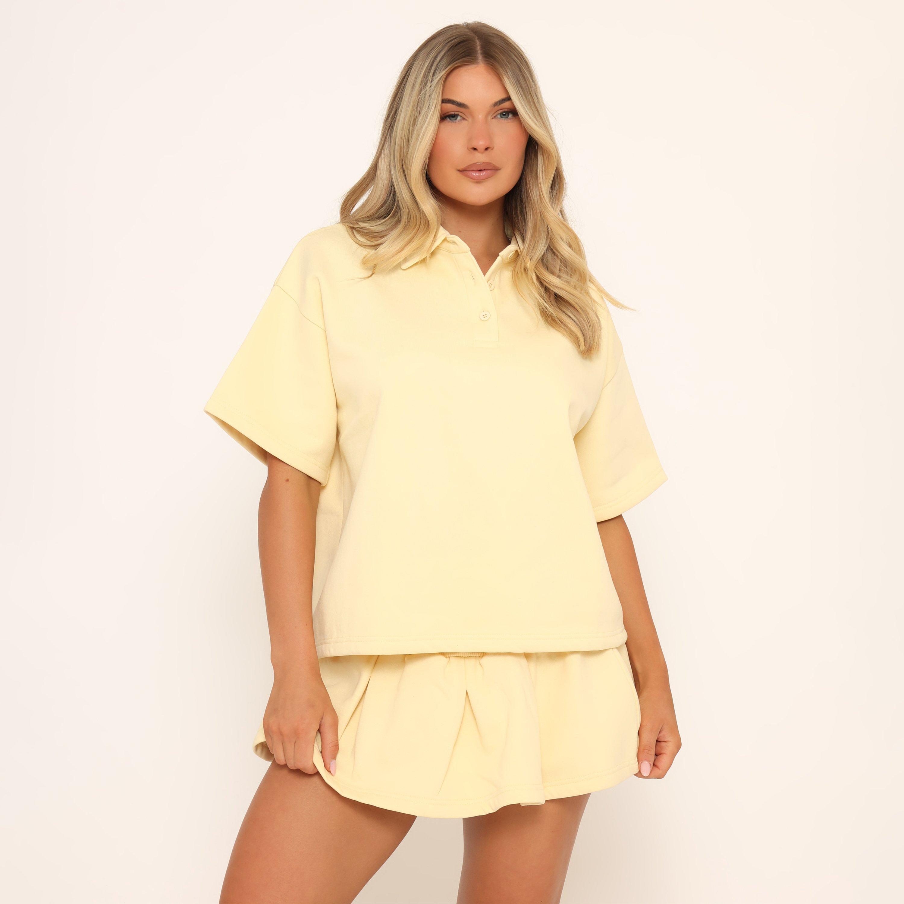 Image of Short Sleeve Polo Collar Detail Oversized Sweatshirt In Yellow, Women's