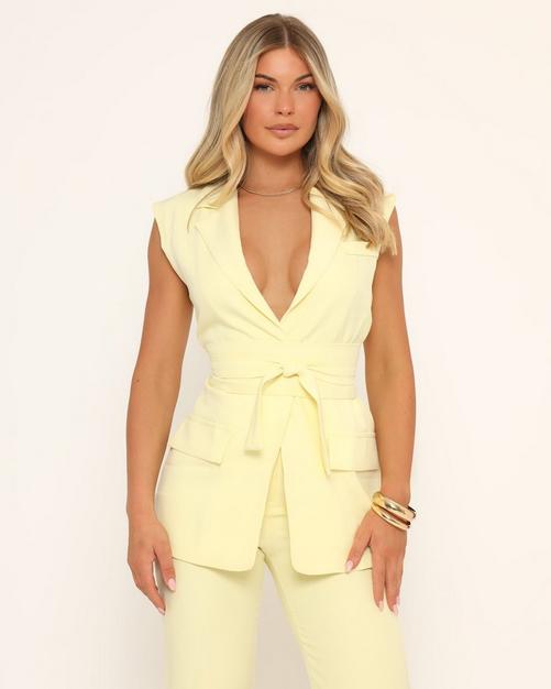 Sleeveless Tie Belt Waistcoat Detail Blazer In Lemon