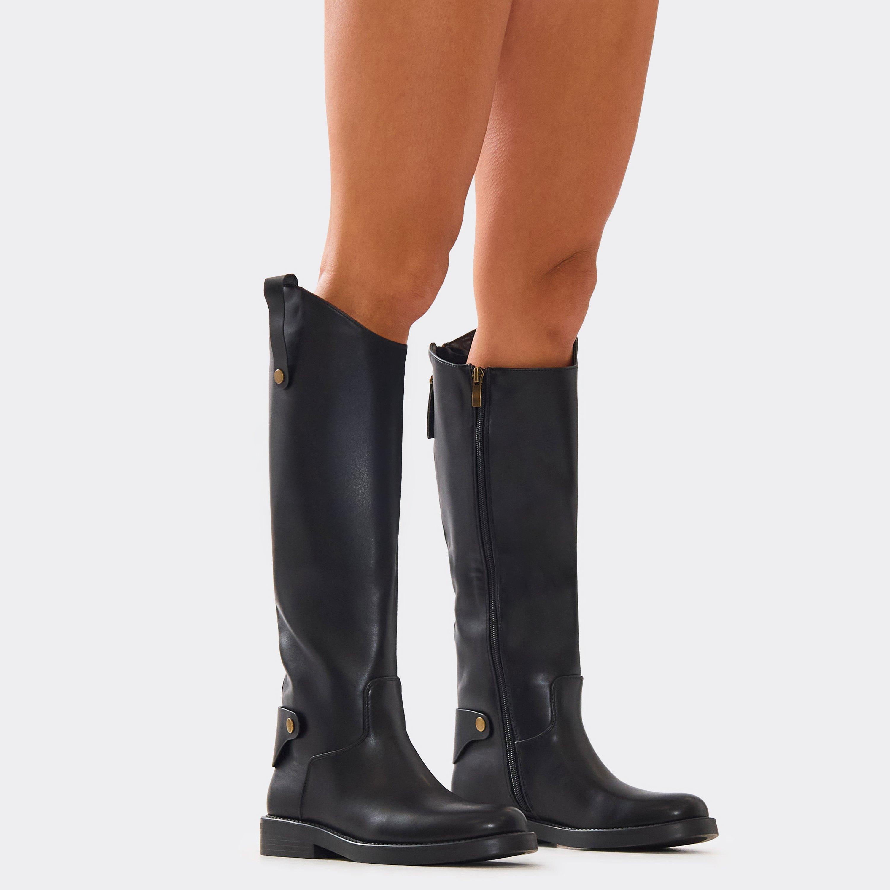 Manhatten Press Stud Detail Asymmetric Knee High Boot In Black Faux Leather, Women's Size UK 3