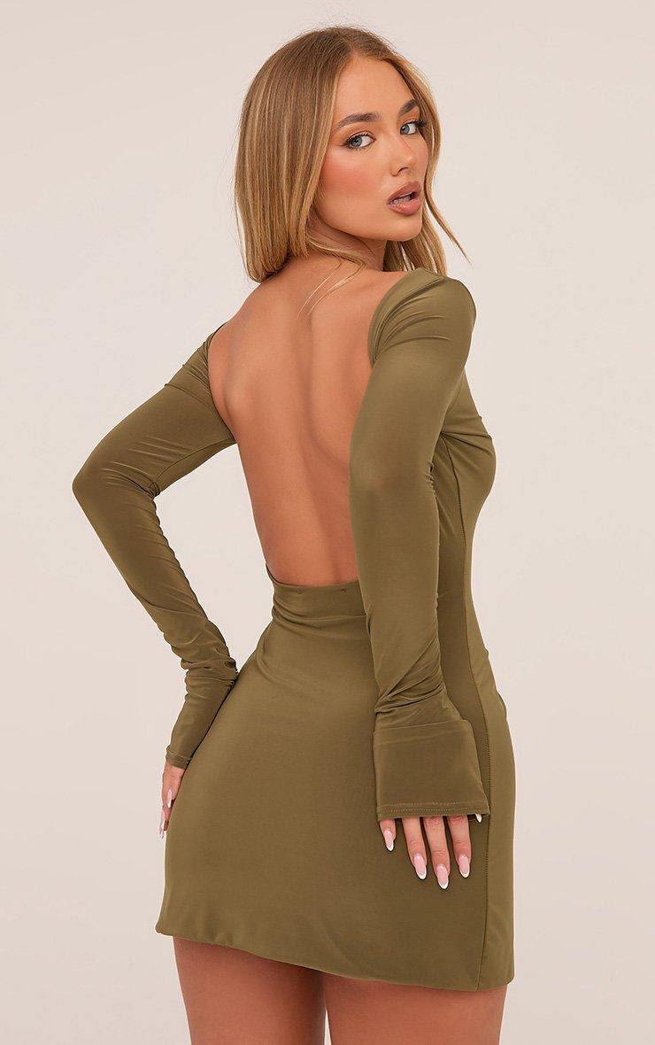 Long Sleeve Slash Neck Open Back Mini Dress In Olive Green Slinky | EGO US  | EGO