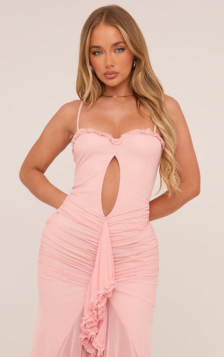 Strappy Frill Edge Detail Keyhole Cut Out Maxi Dress In Pink Mesh | EGO US  | EGO