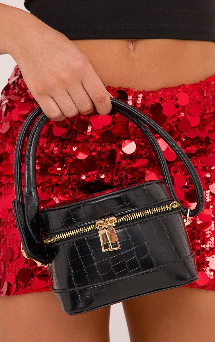 Nikita Zip Detail Round Shaped Vanity Grab Bag In Black Croc Print
