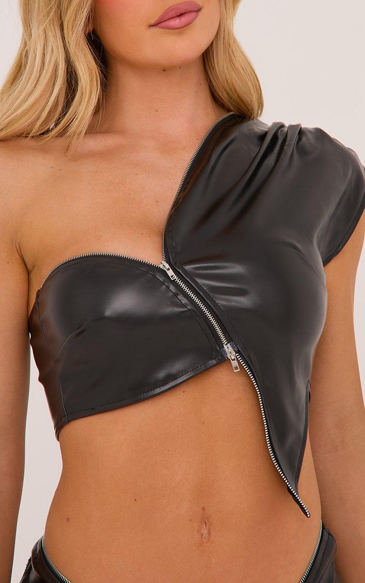 One Shoulder Zip Detail Asymmetric Ruched Crop Top In Black Faux