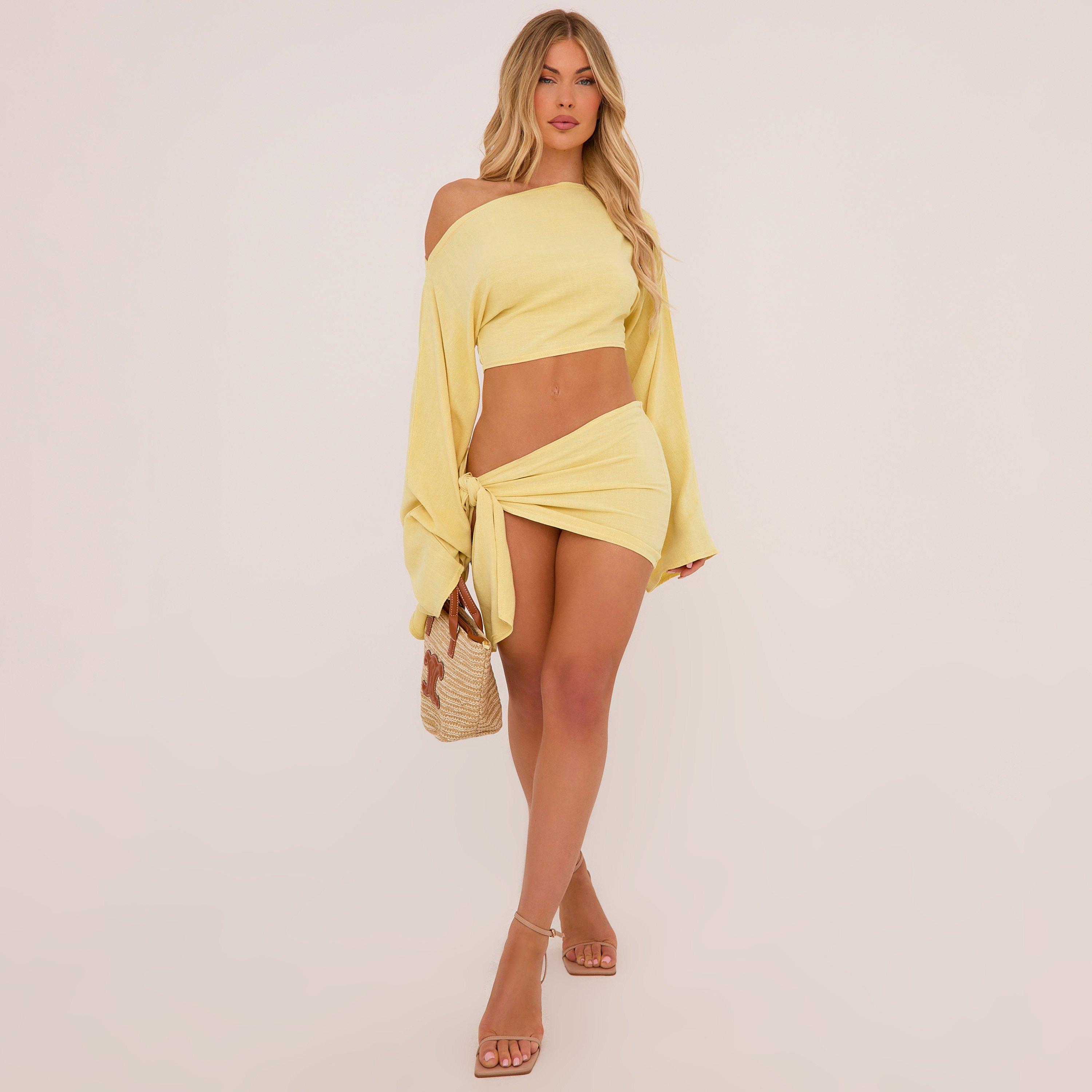 Mid Rise Tie Side Mini Skirt In Lemon Yellow, Women's Size UK 6