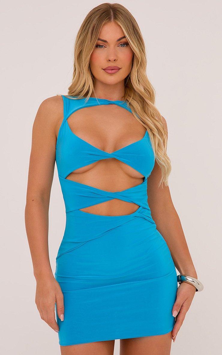 Sleeveless Twist Cut Out Front Mini Bodycon Dress In Blue Slinky | EGO US |  EGO