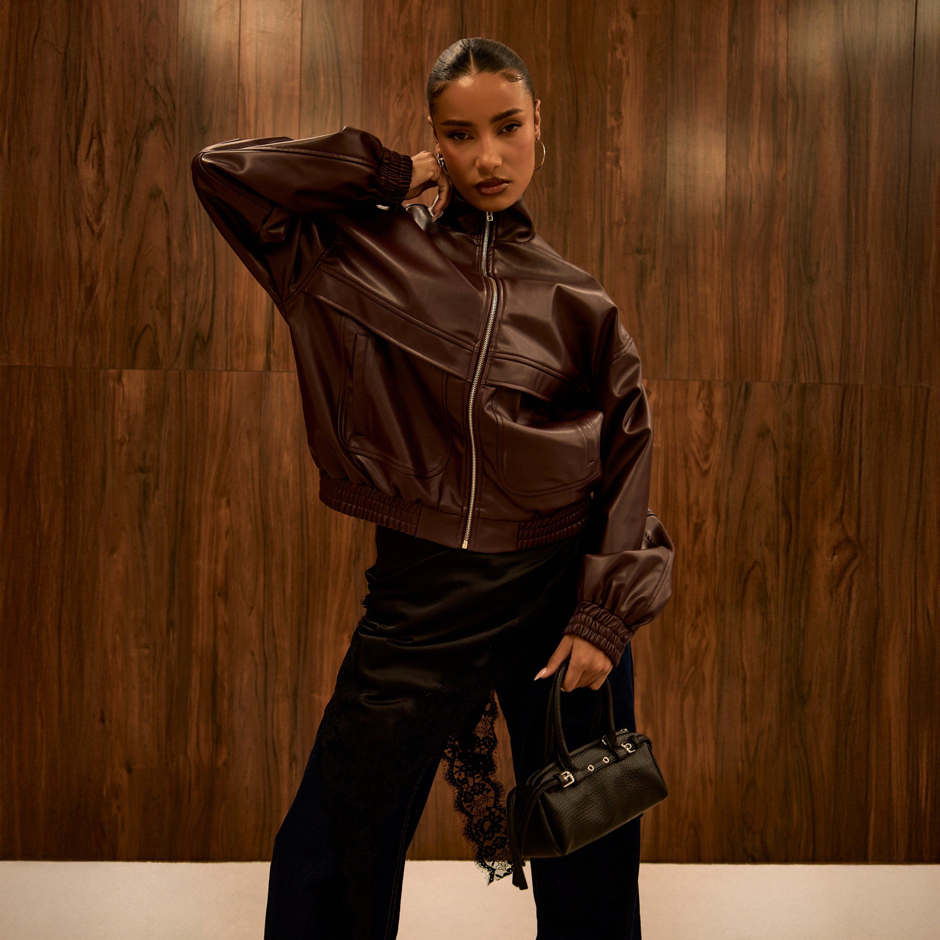 Funnel Neck Oversized Biker Jacket In Burgundy Faux Leather, Women's Size UK 6