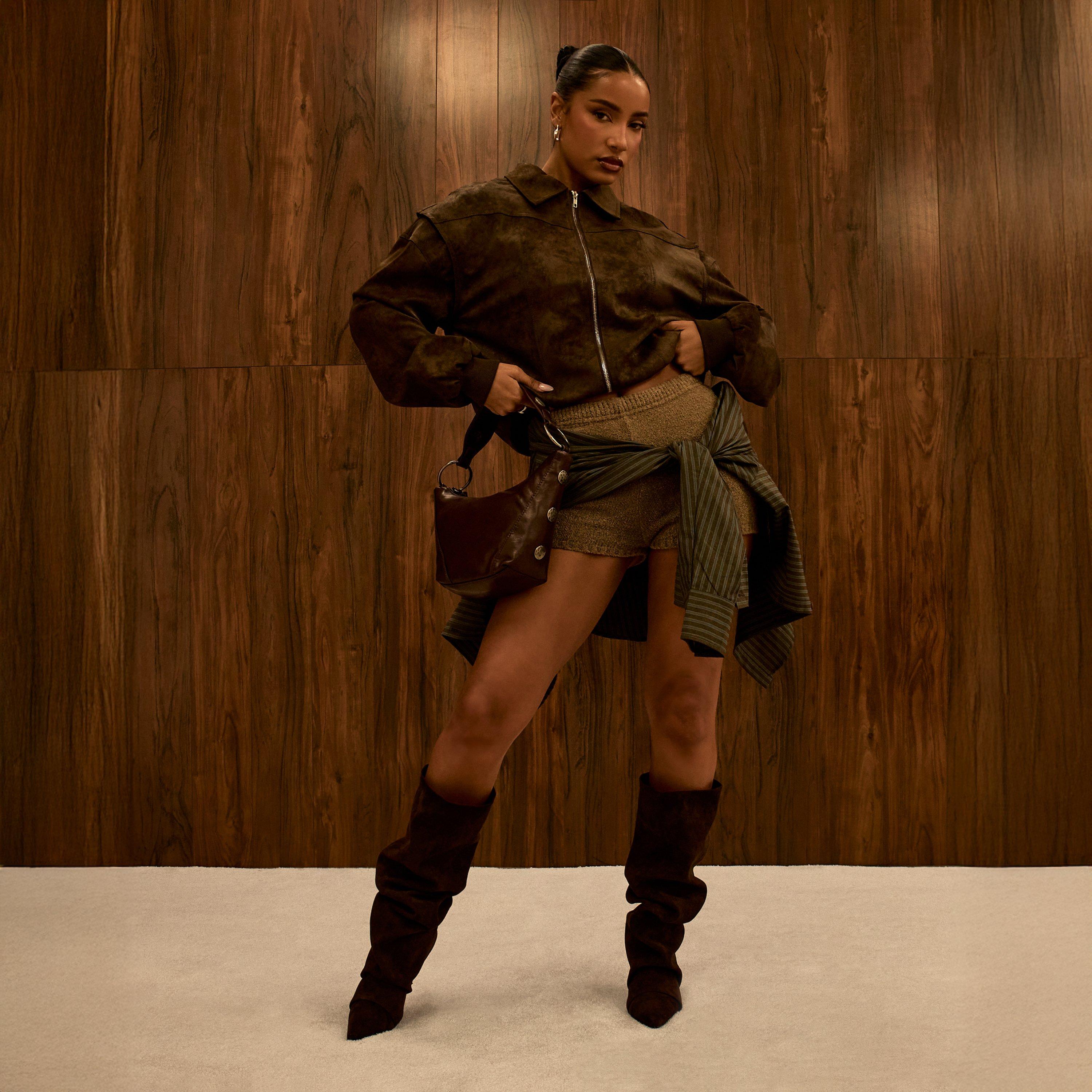 Collared Bomber Jacket In Brown Washed Faux Leather, Women’s