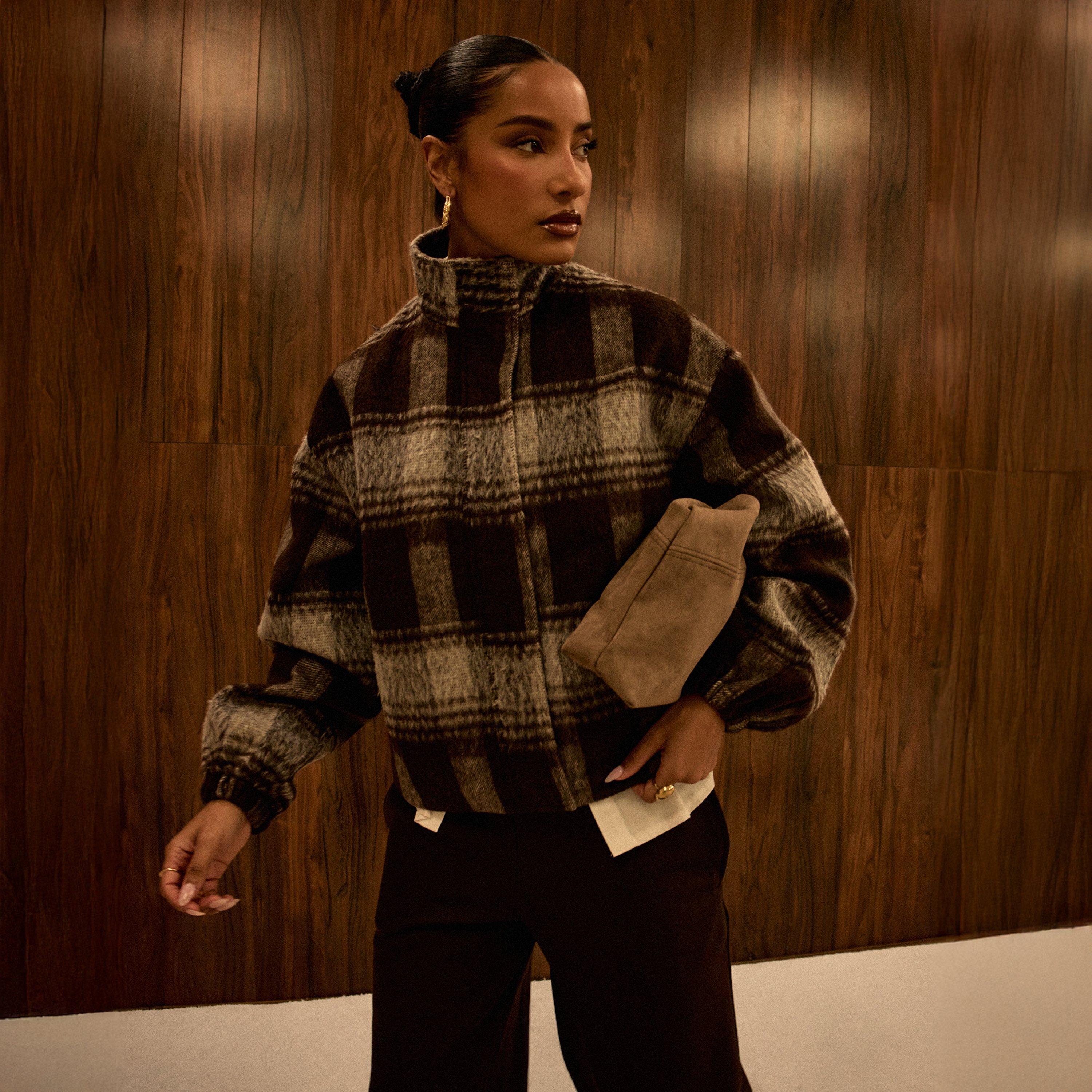 Funnel Neck Bomber Jacket In Brown Brushed Check Print, Women’s