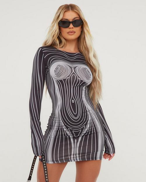 Grey Body Print Mesh High Rise Sleeveless Bodysuit
