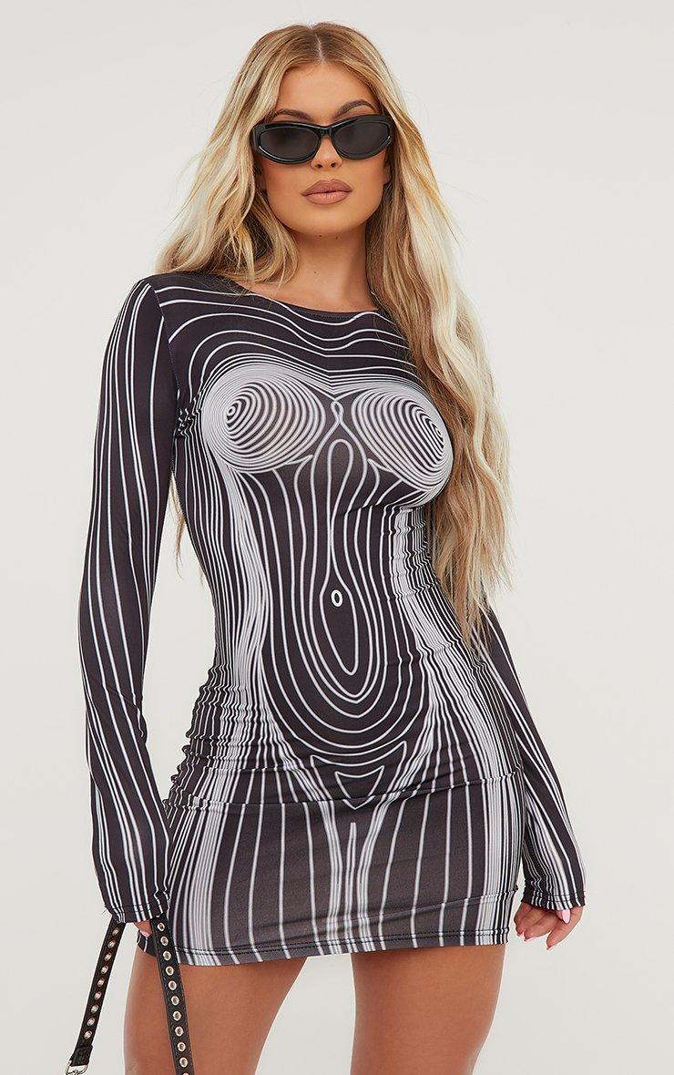 Long Sleeve Contrast Body Print Mini Bodycon Dress In Black | EGO US | EGO