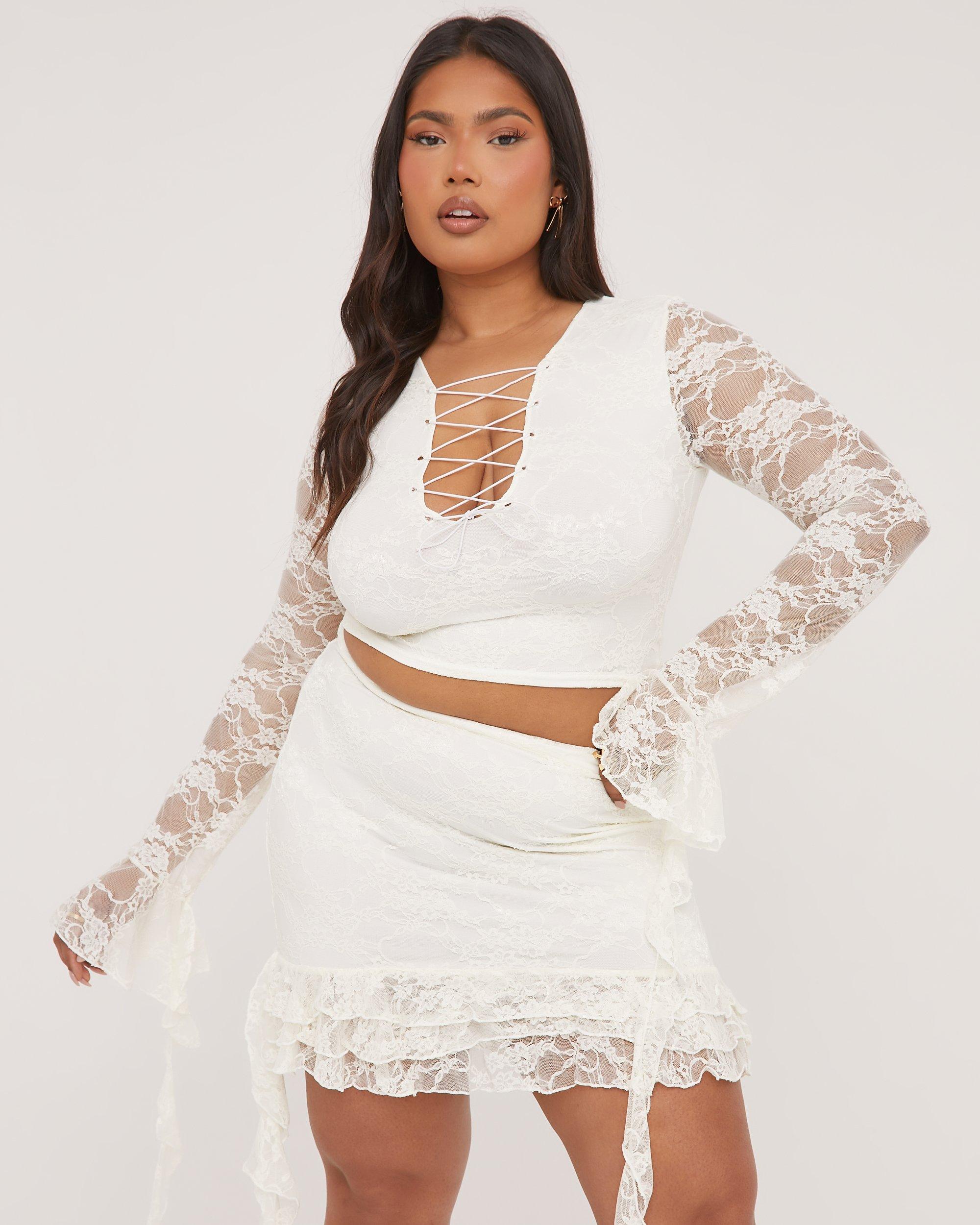 white lace up top long sleeve