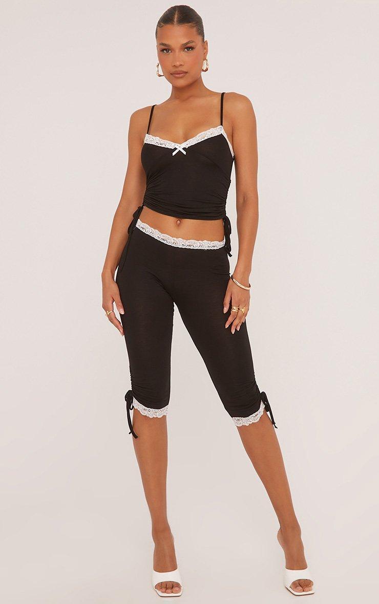 Strappy Contrast Lace Trim Ruched Side Cami Top In Black Slinky