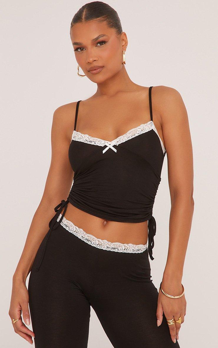 Strappy Contrast Lace Trim Ruched Side Cami Top In Black Slinky