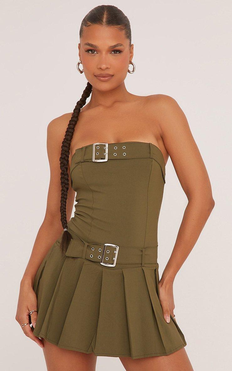 Bandeau Belt Detail Pleated Mini Dress In Khaki Green Woven | EGO AU | EGO