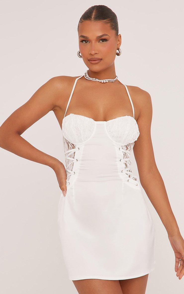 Halterneck Lace Up Side Corseted Mini Dress In White Satin | EGO US | EGO