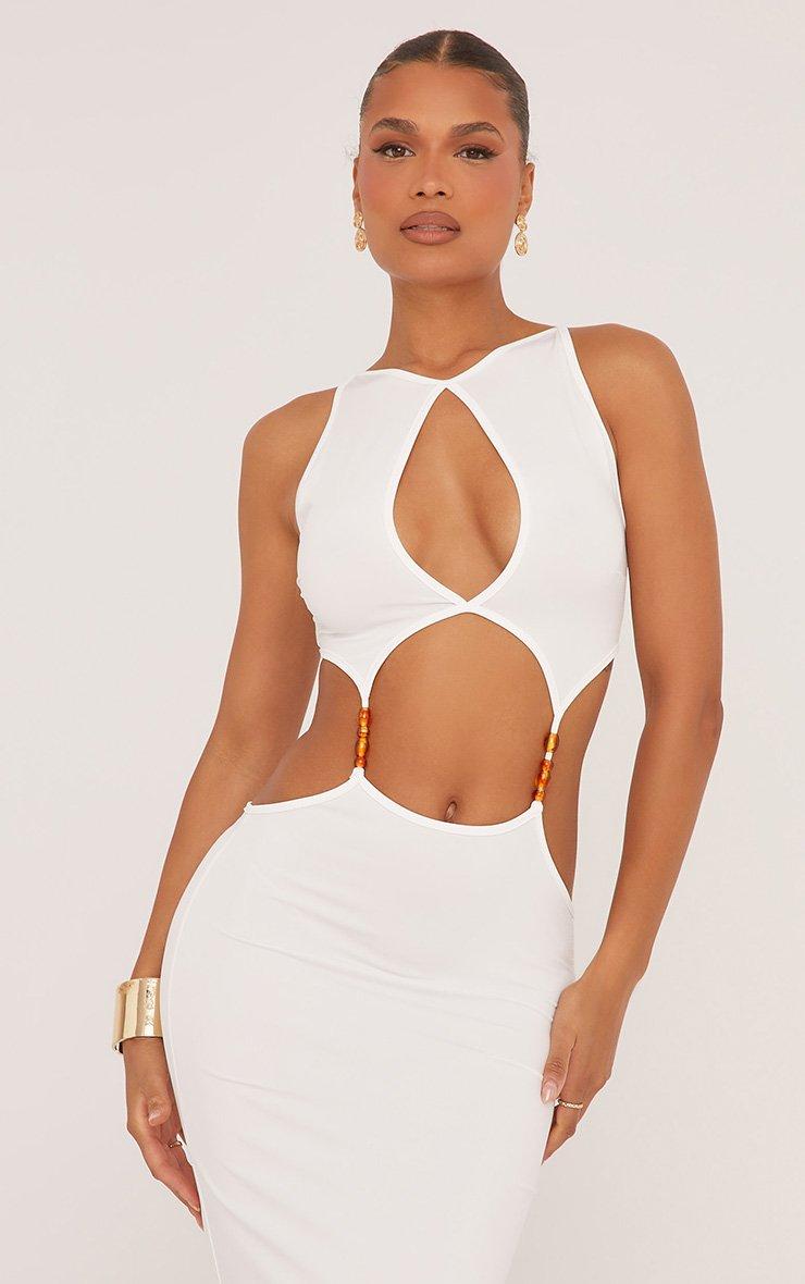 cut out white dress Carolina White Ruched Cut-Out Maxi Dress