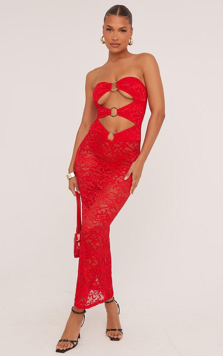 red lace maxi dress Fairytale Ending Beautiful red lace lines the neckline edges as well as the bust Bandeau Ring Detail Cut Out