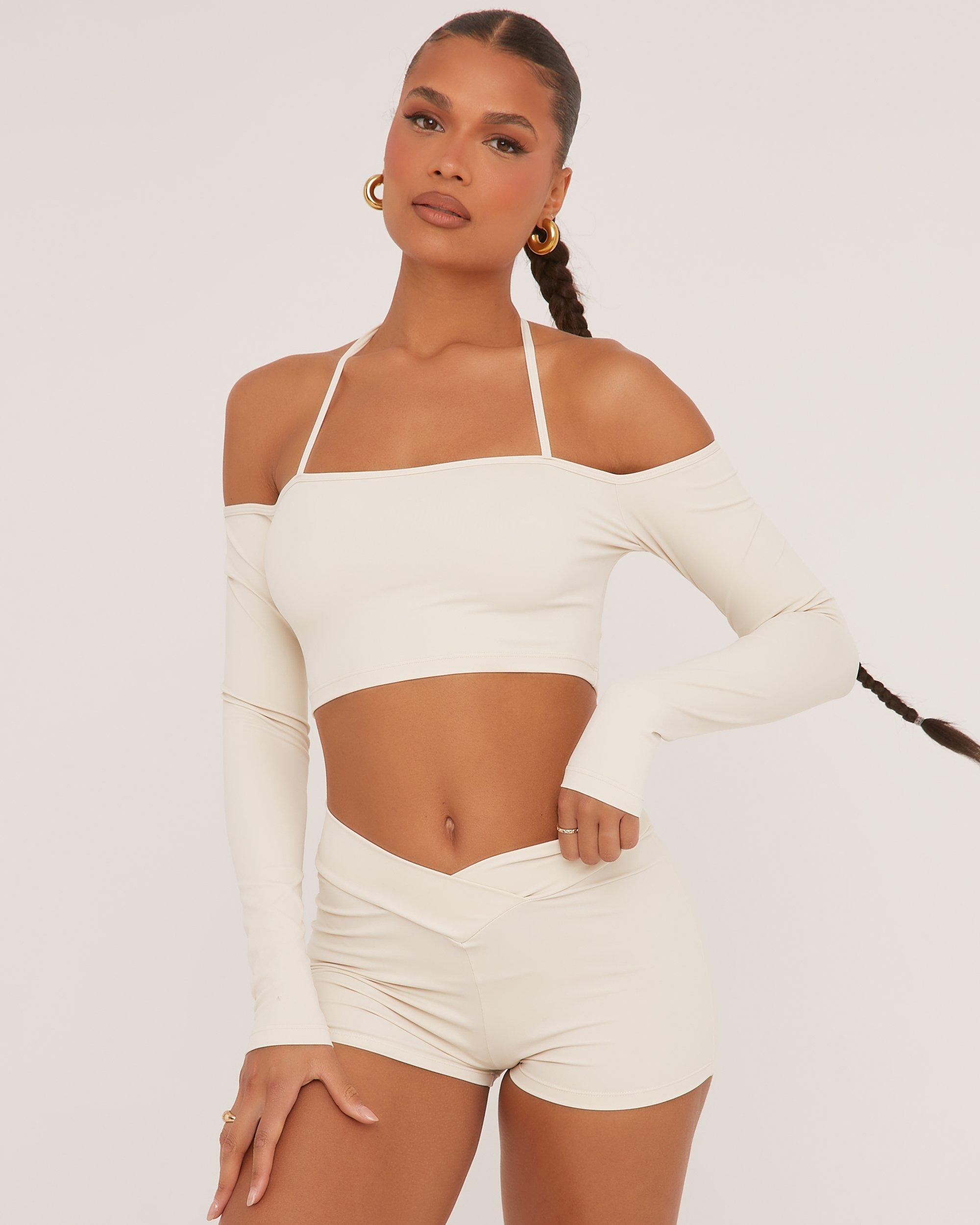 white long sleeve bardot crop top