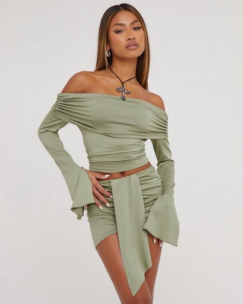 Fold Over Bardot Ruched Detail Crop Top And Booty Shorts Co-Ord Set In Grey  Slinky