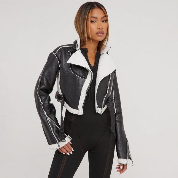 Faux Shearling-detail Jacket - Black/white - Ladies