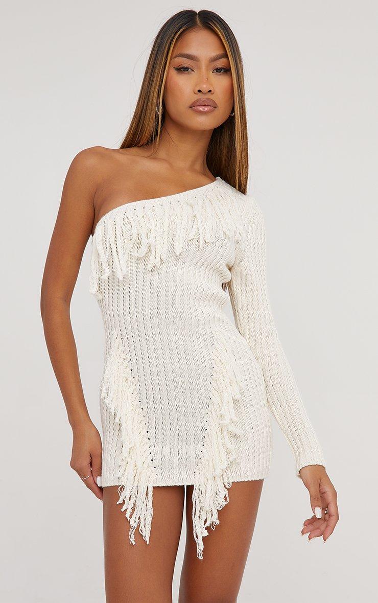 One Sleeve Fringe Detail Mini Bodycon Dress In Cream Knit | EGO UK | EGO
