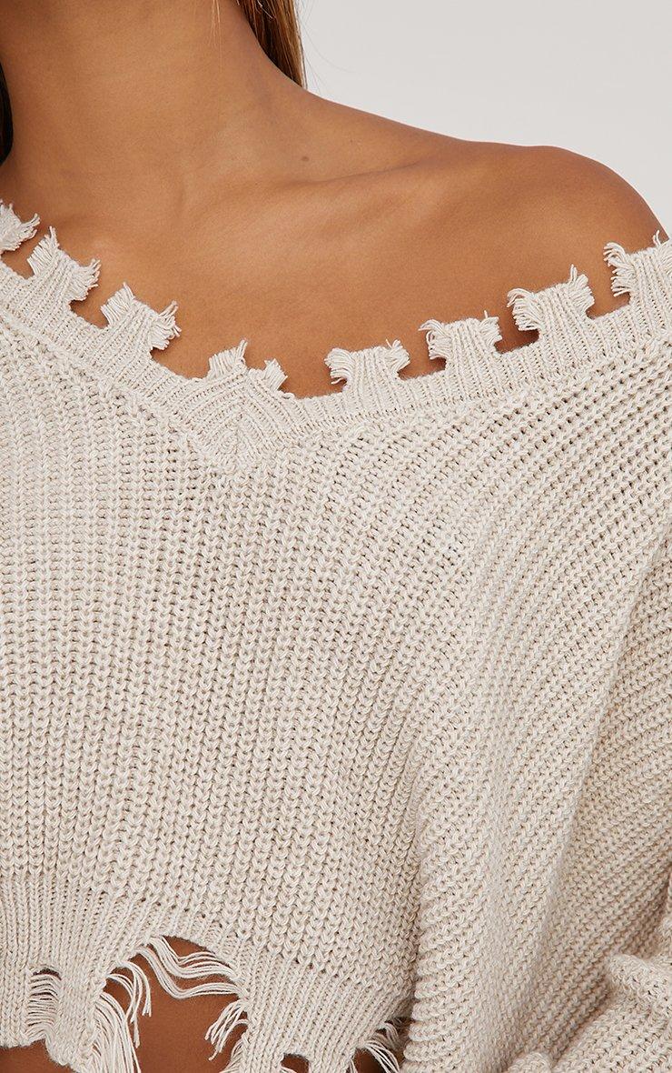 Long Sleeve V Neck Distressed Detail Oversized Jumper In Stone