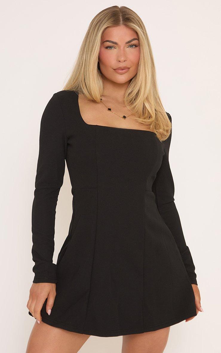 Long Sleeve Square Neck A Line Mini Dress In Black | EGO US