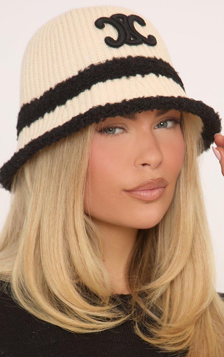Logo Detail Bucket Hat In Cream And Black Knit | EGO US | EGO display picture 3