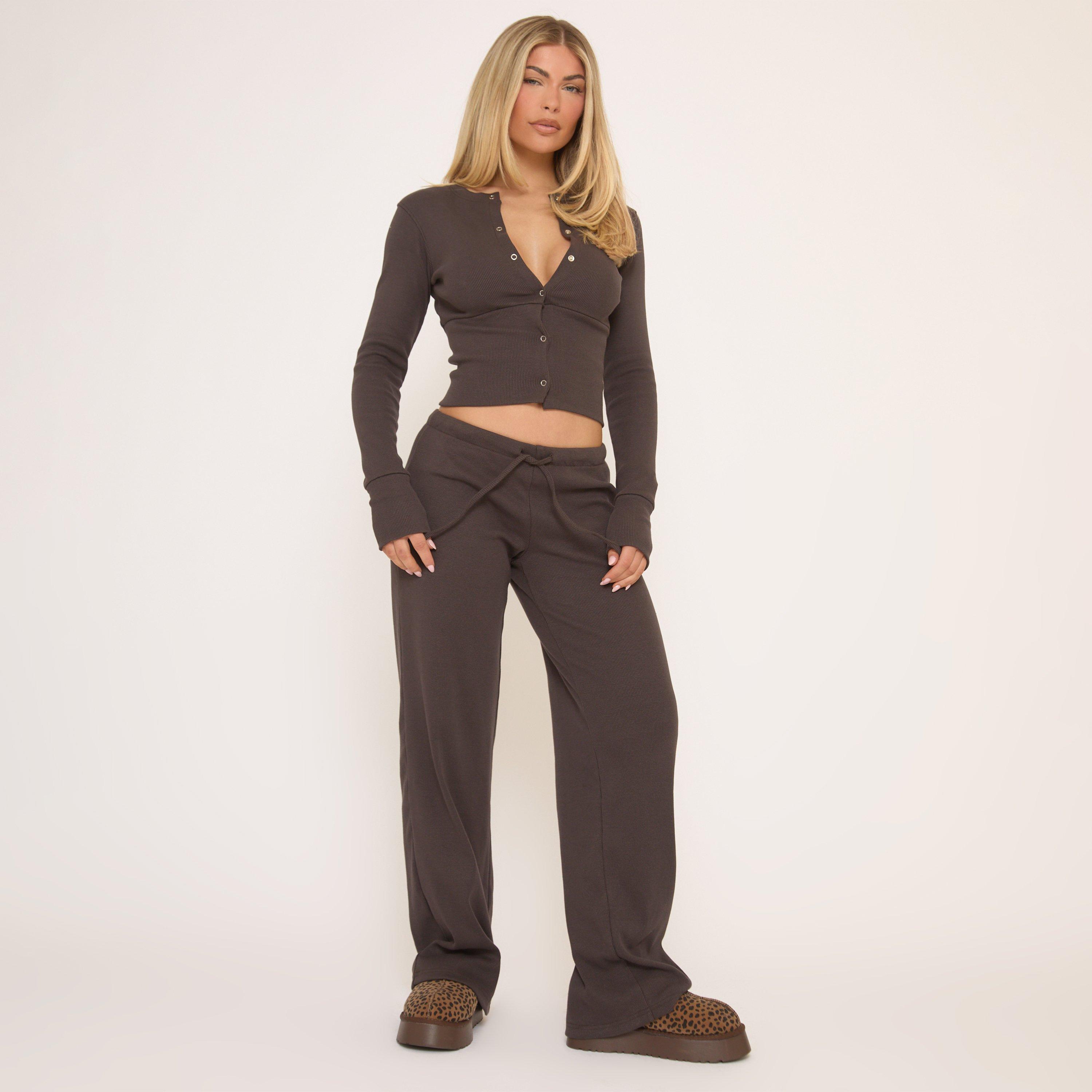 Image of Mid Rise Drawstring Waist Straight Leg Trousers In Dark Brown Ribbed, Women's