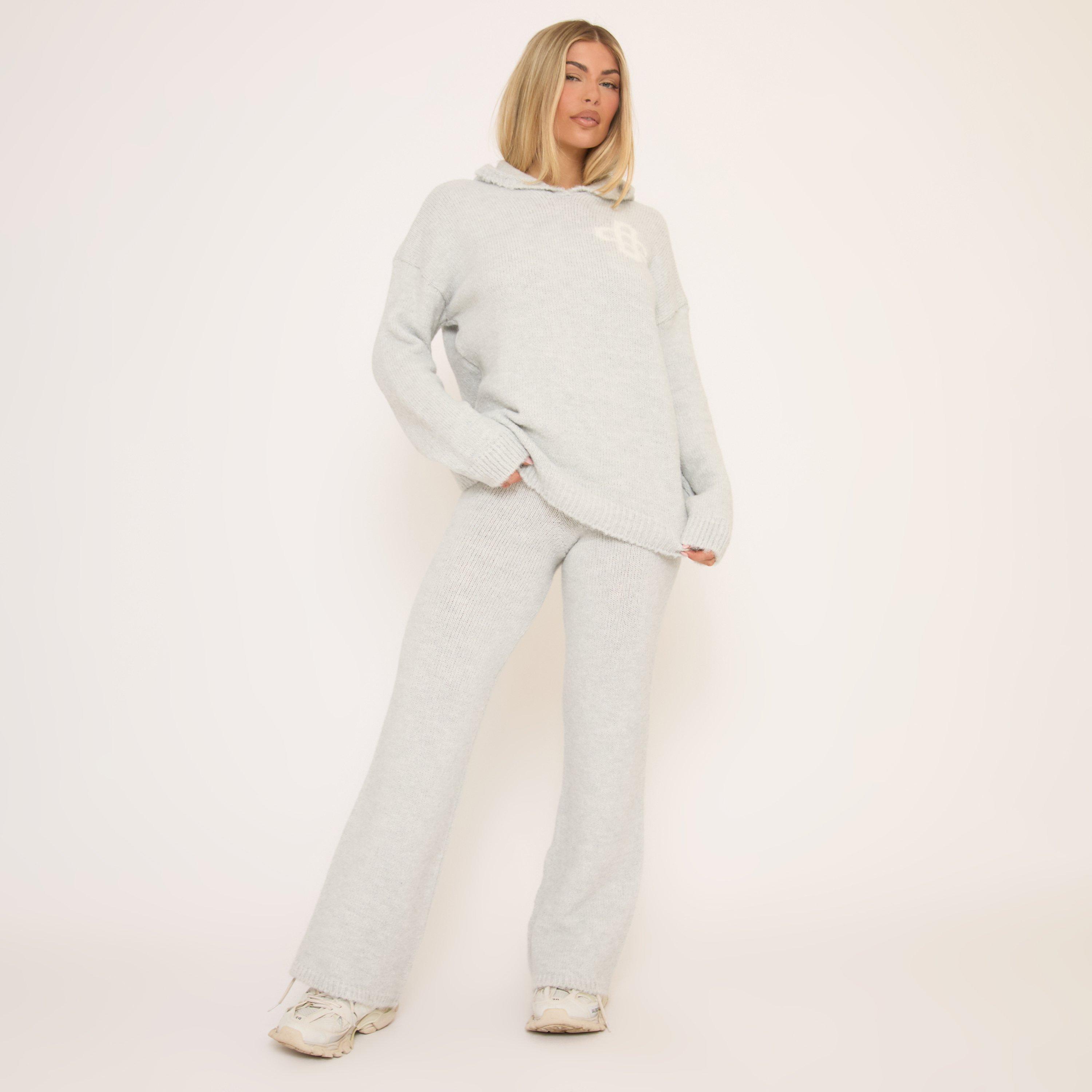 High Waist Wide Leg Trousers In Grey Premium Knit, Women's Size UK L